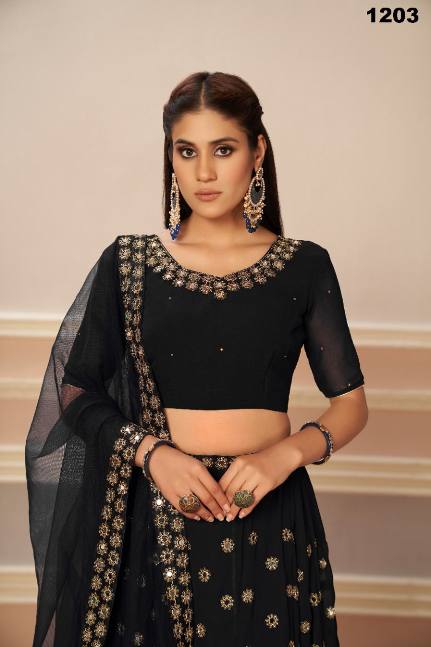 aawiya official 1203 Black mirror regal look lehenga catalog