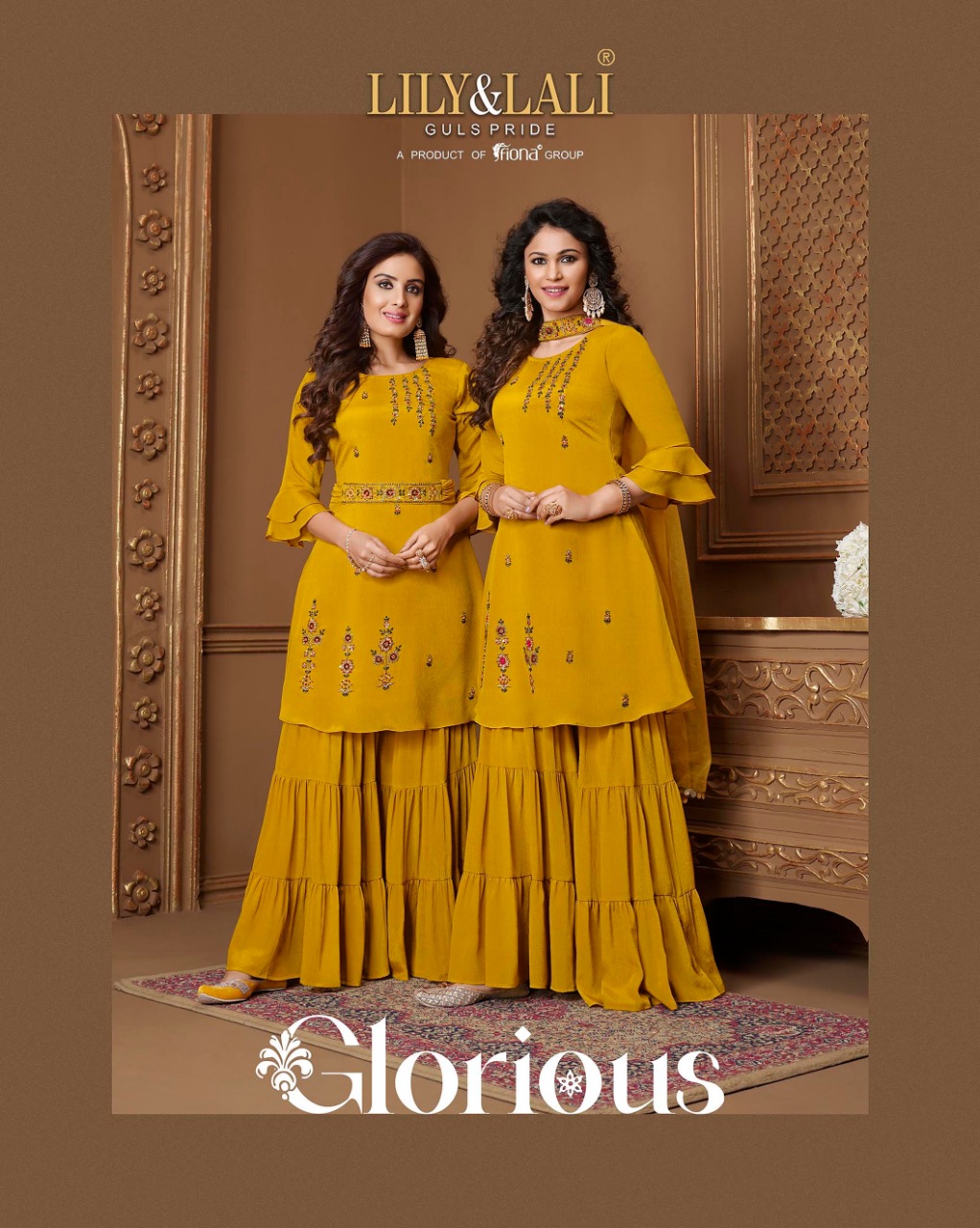 lily and lali glorious chinnon new and modern style top with Gharara and dupatta catalog