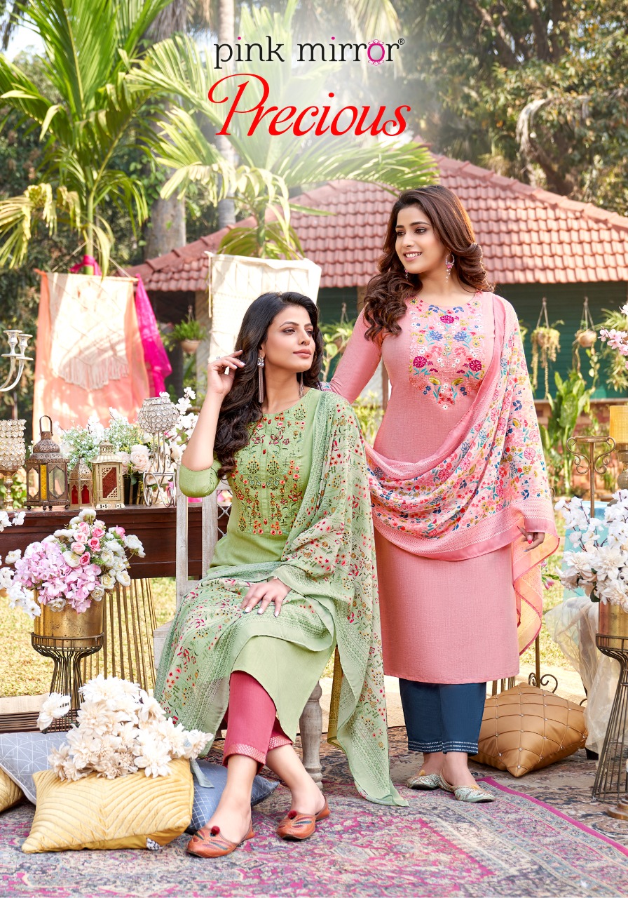 pink mirror precious viscose decent embroidary look top with pant and dupatta catalog