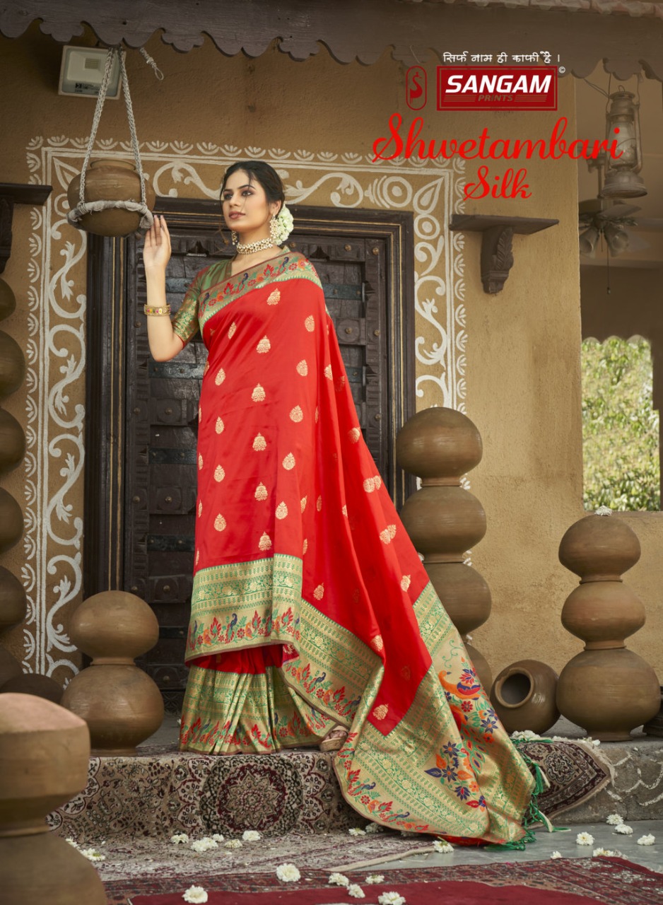 sangam print shwetambari silk Paithani Silk graceful look saree catalog