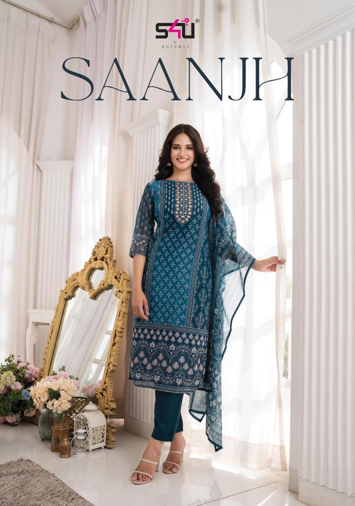 s4u saanjh chanderi gorgeous look kurti with pant and dupatta catalog