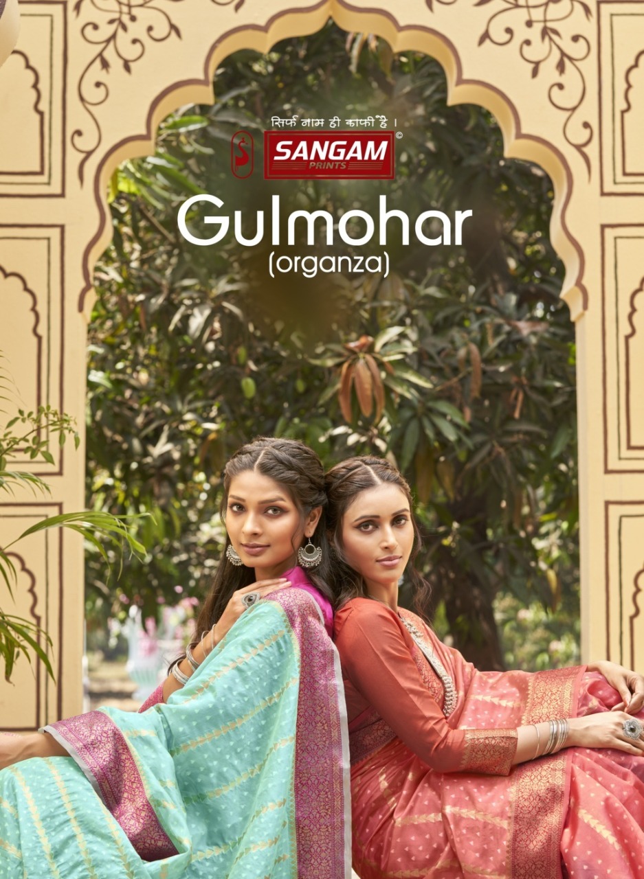 sangam print gulmohar organza catchy look saree catalog