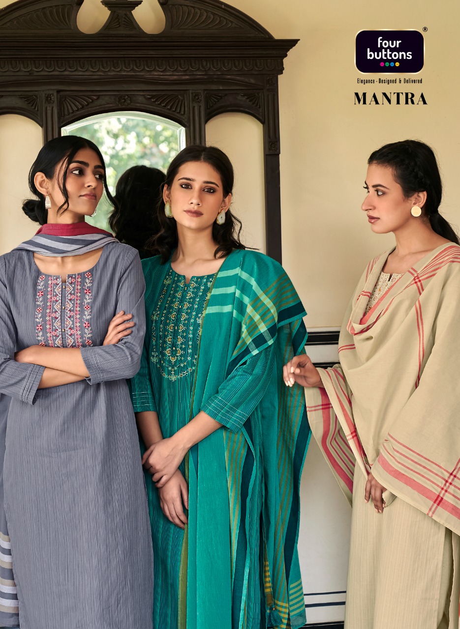 four buttons mantra cotton decent look and colour top bottom with dupatta catalog