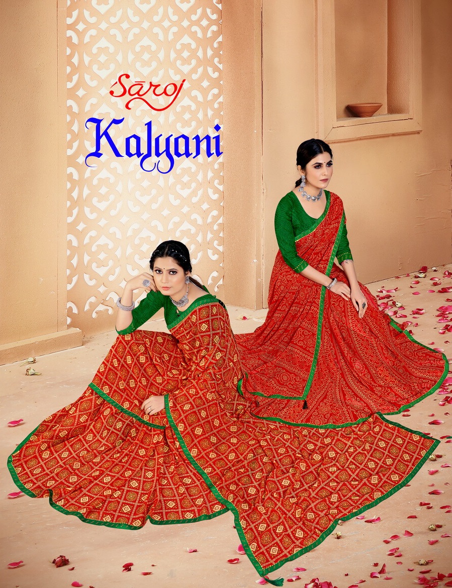 saroj saree Kalyani Bandhani Georgette regal look saree catalog