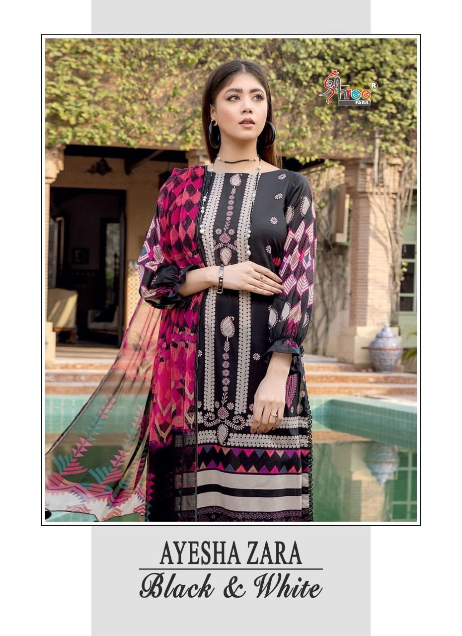 shree fab ayesha zara black and white cotton catchy look salwar suit cotton dupatta catalog