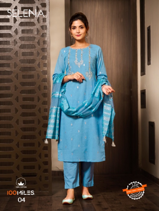 100 miles selena cotton decent look top pant with dupatta catalog