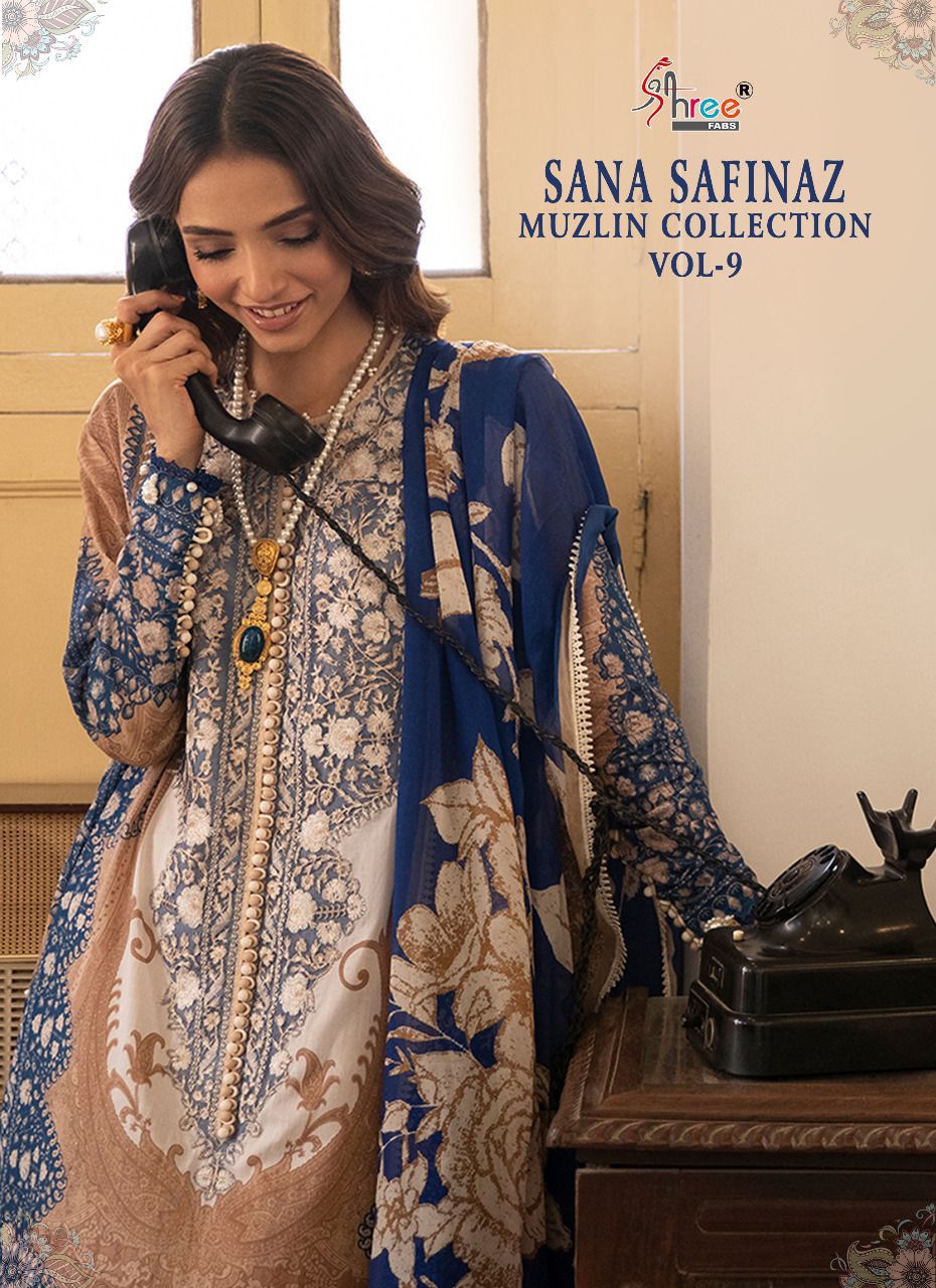 shree fabs sana safinaz muzlin collection vol 9 cotton elegant print salwar suit chiffon dupatta catalog