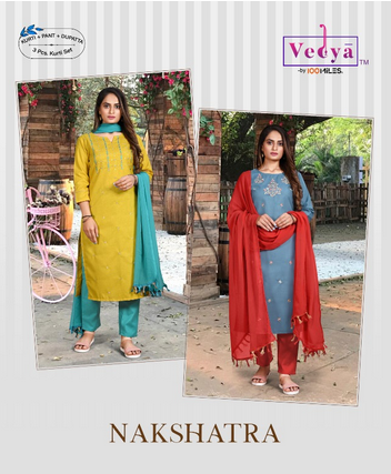 vedya nakshatra PC Slub fabric Embroidered astonishing look top with pant and dupatta catalog