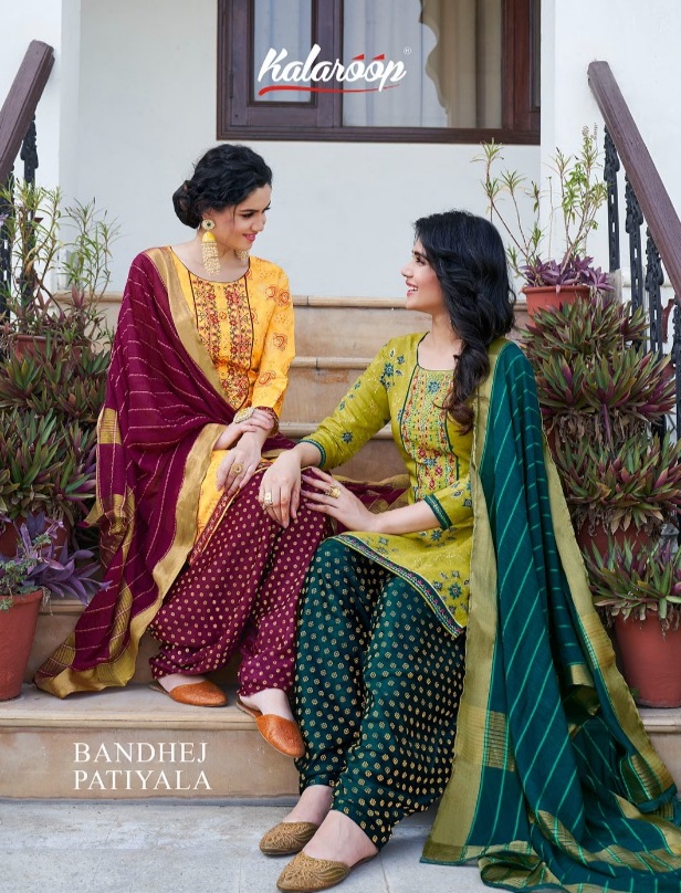 kalaroop by kajree bandhej chanderi silk graceful look kurti pant with dupatta catalog