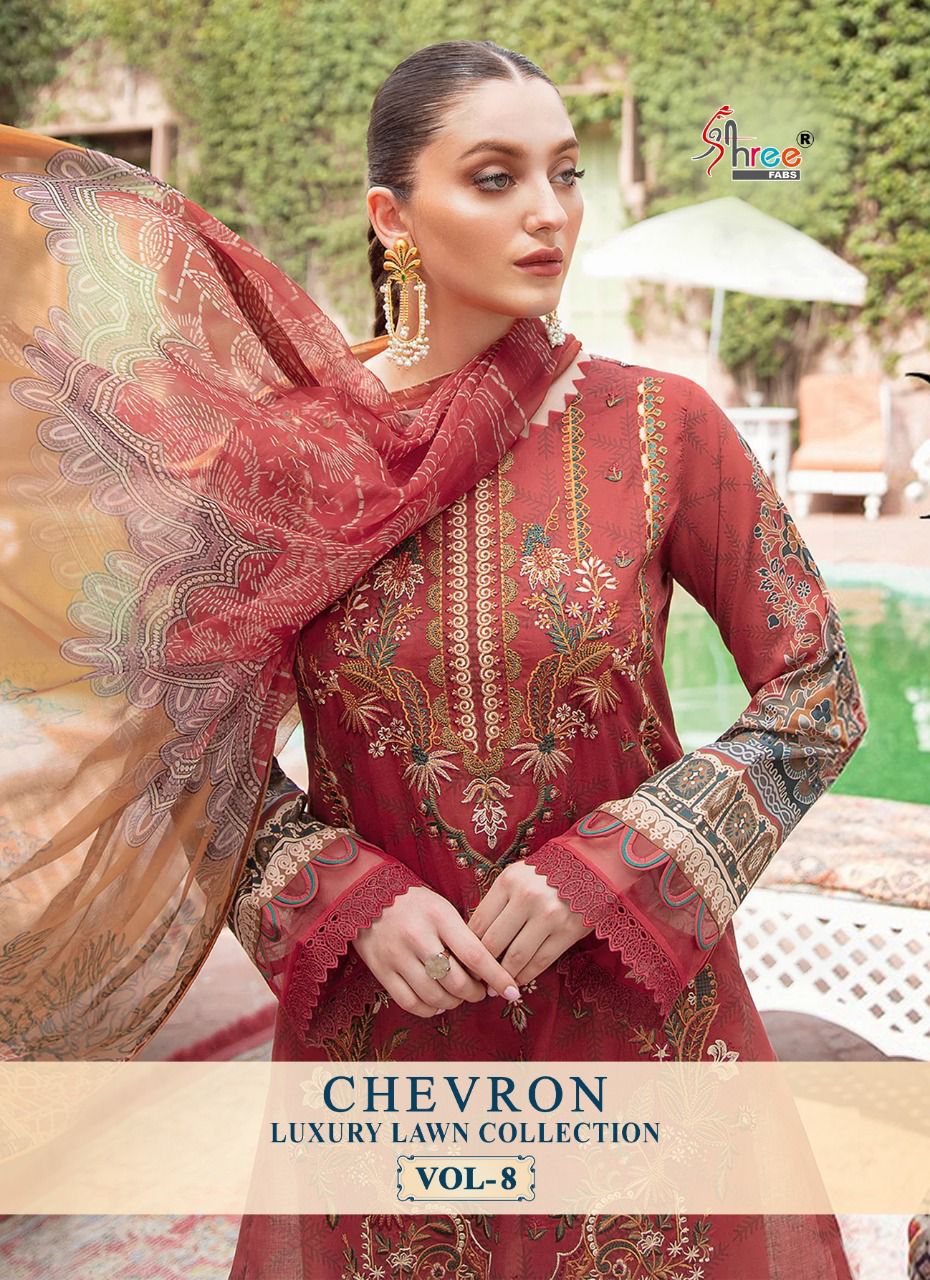 shree fab chevron luxury lawn collection vol 8 cotton regal look salwar suit with siffon dupatta catalog