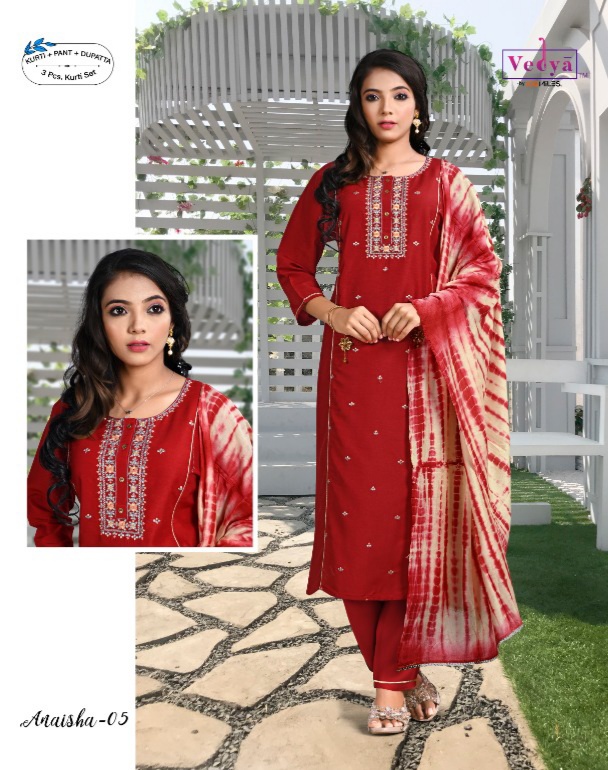 vedya anaisha pv silk decent look top with pant and dupatta catalog