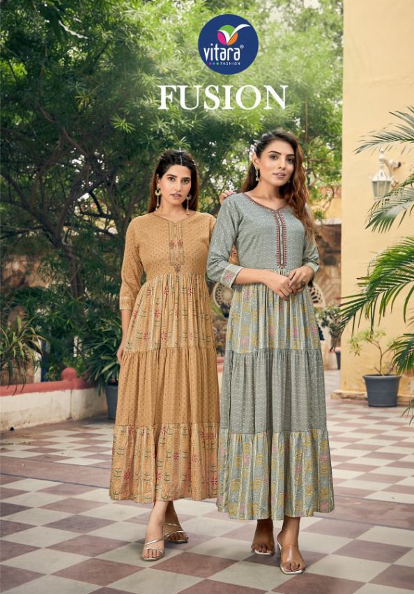 vitara fashion fusion reyon elegant long kurti catalog