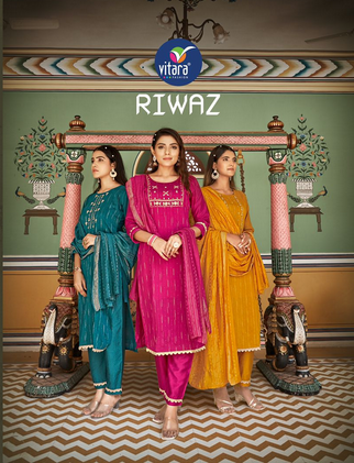 vitara fashion riwaz self weaving jecqrd innovative embroidery look top with pant and dupatta catalog