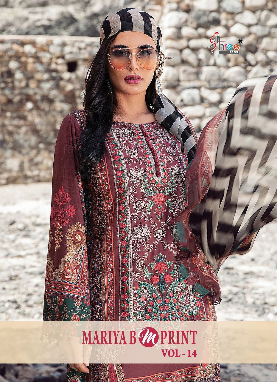 shree fab mariya b m print vol 14 cotton decent look salwar suit with siffon dupatta catalog