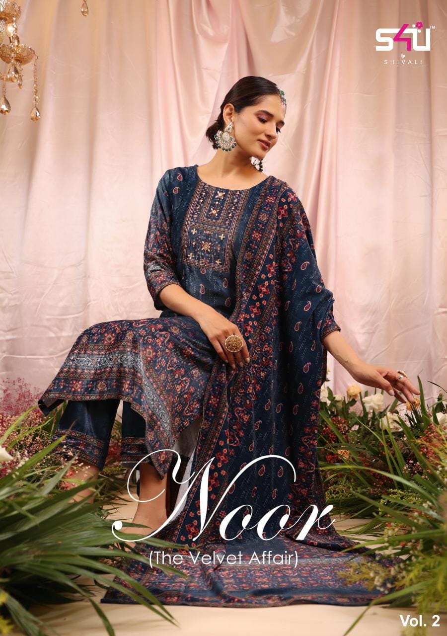 s4u noor velvet elegant look kurti with pant and dupatta catalog