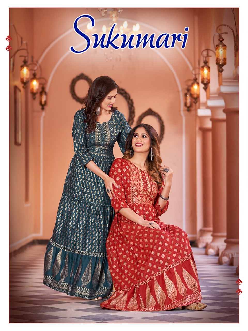 banwery fashion sukumari rayon new and modern style Foil Print with 3 lair Flair Gown catalog