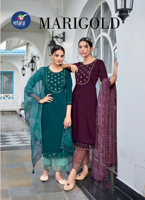 vitara fashion marigold silk elegamt top bottom with dupatta catalog