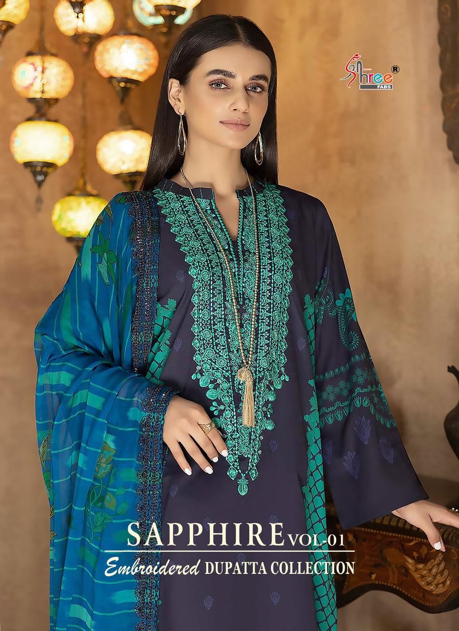 shree fabs shapphire embroidered dupatta collection vol 1 cotton decent look salwar suit with chiffon dupatta catalog