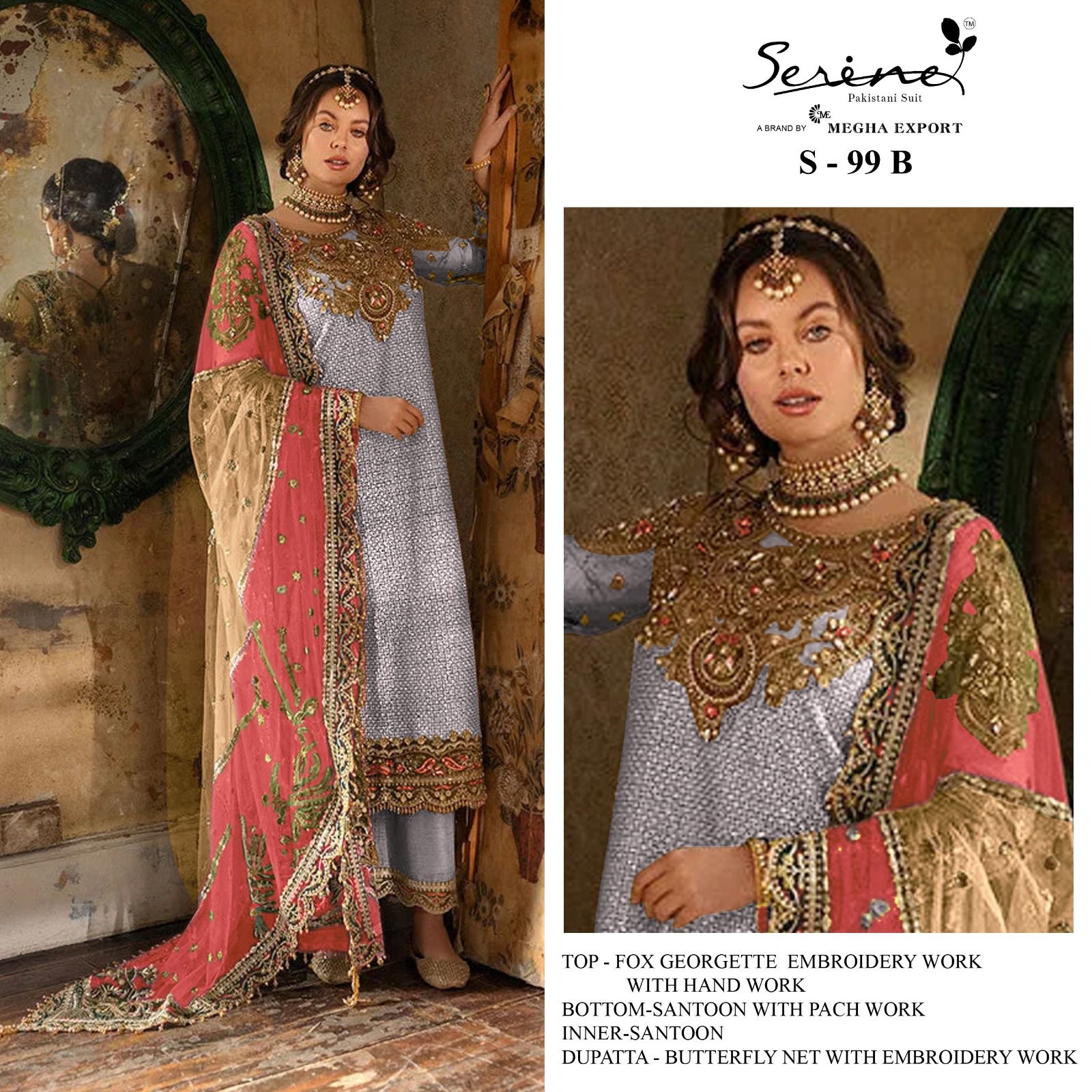 serine Megha Exports serine s 99 a to d georgette  heavy look salwar suit catalog