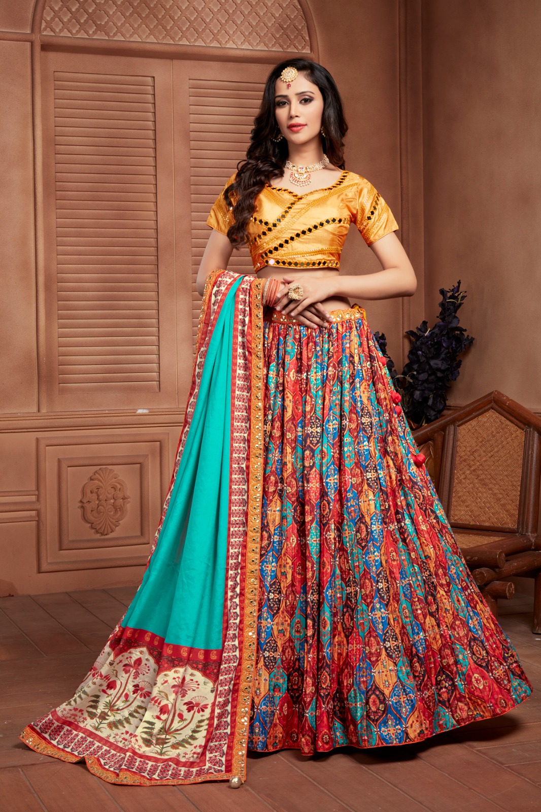 amoha trendz d no c 1985 chinno decent look top lehenga with dupatta crop top singal