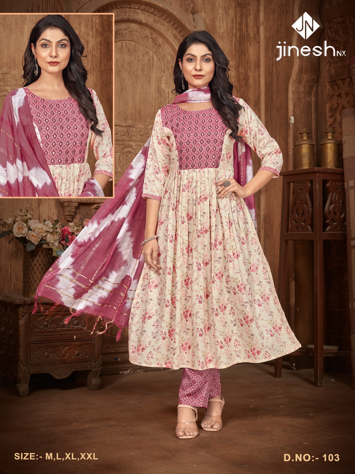 jinesh nx d 105 capsule print catchy look kurti pant with dupatta size set