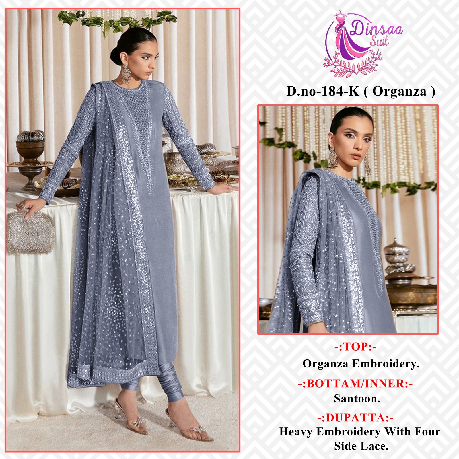 dinsaa suit Dinsaa 184 K Salwar Kameez Organza Singles