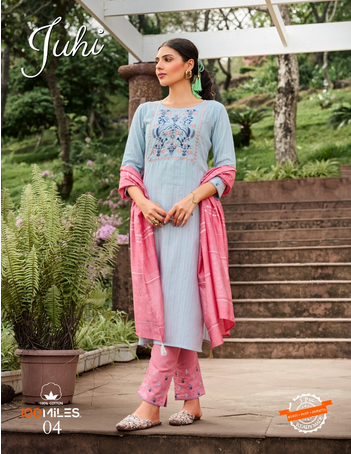 100 miles juhi cotton decent look top pant with dupatta catalog