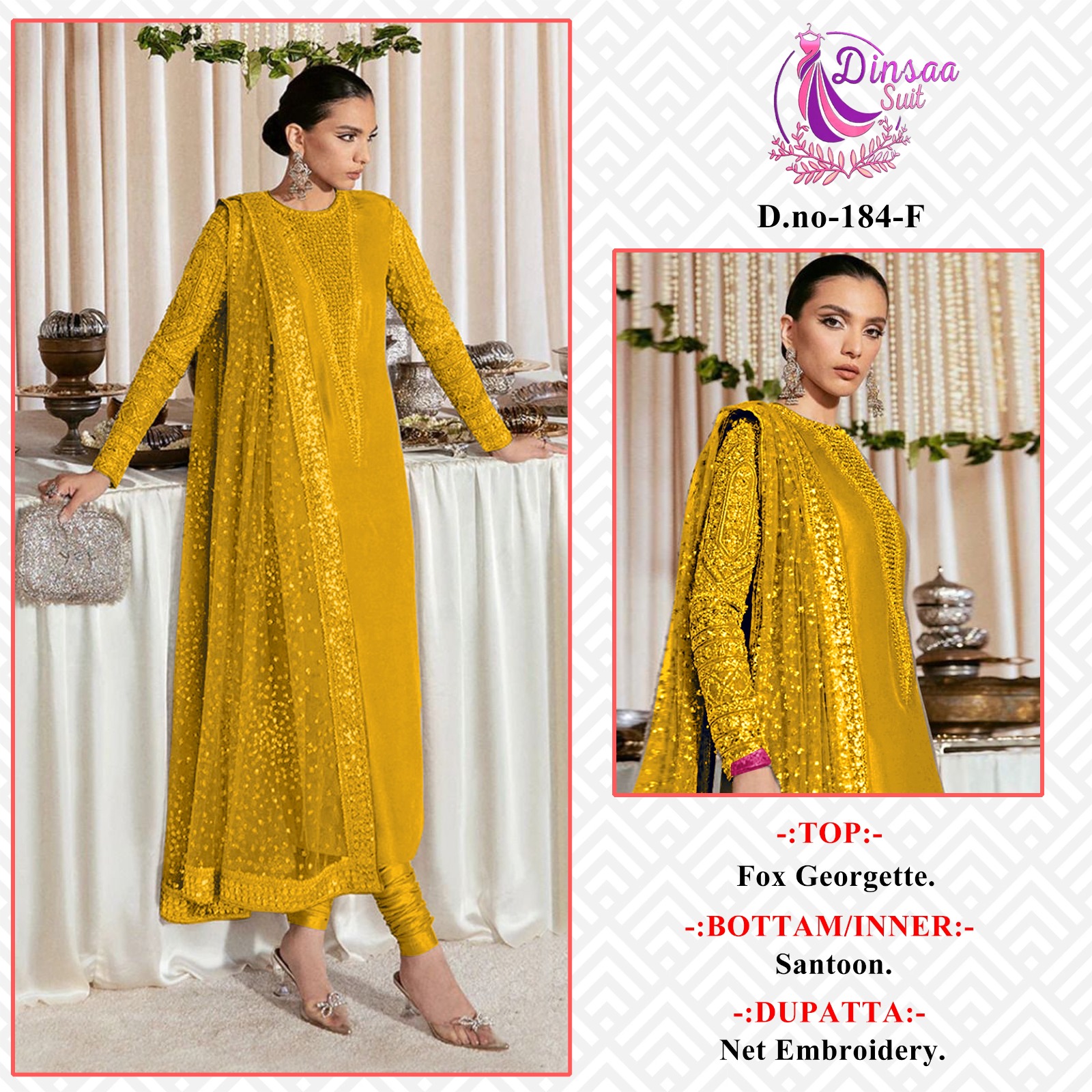 dinsaa suit dinsaa suit d no 184 e f g h georgette regal look salwar suit catalog