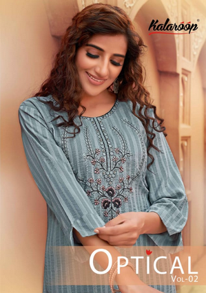 kalaroop by kajree optical vol 2 rayon regal look kurti catalog