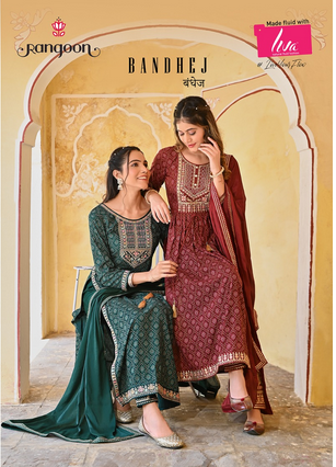 rangoon bandhej rayon deent embroidery look top bottom with dupatta catalog