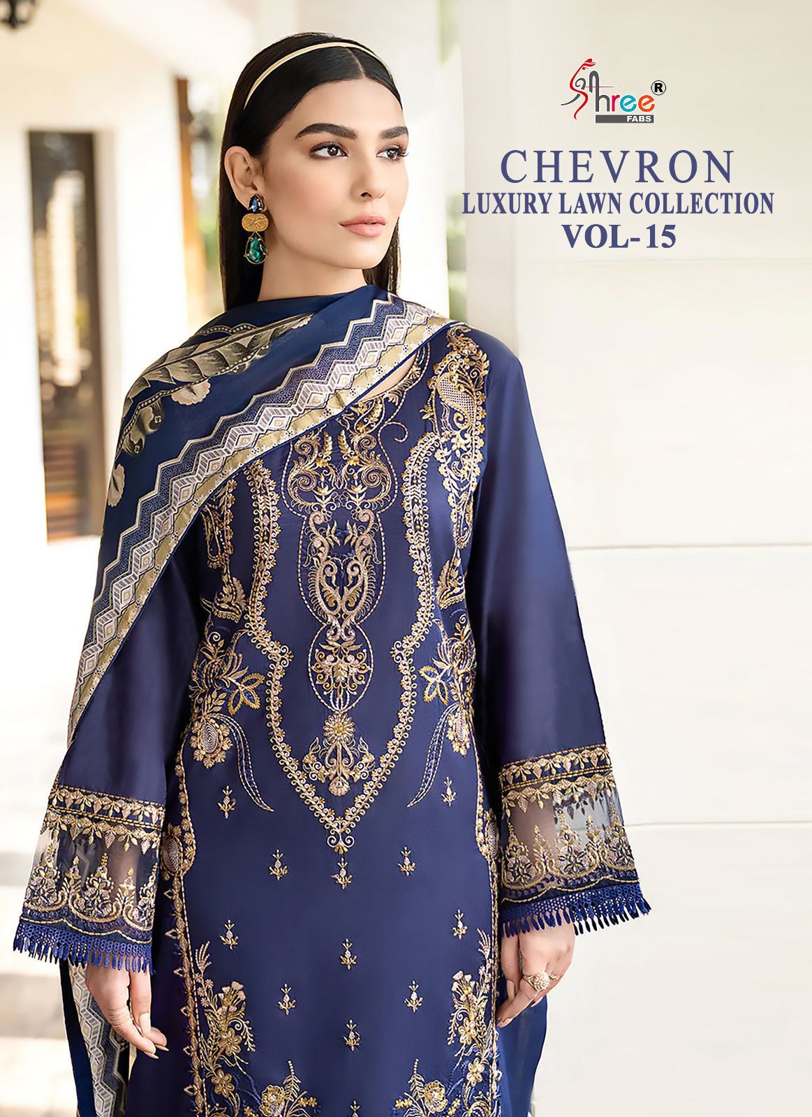 Shee fabs chevron luxury lawn collection vol 15 lawn decent embroidery look salwar suit with cotton dupatta catalog