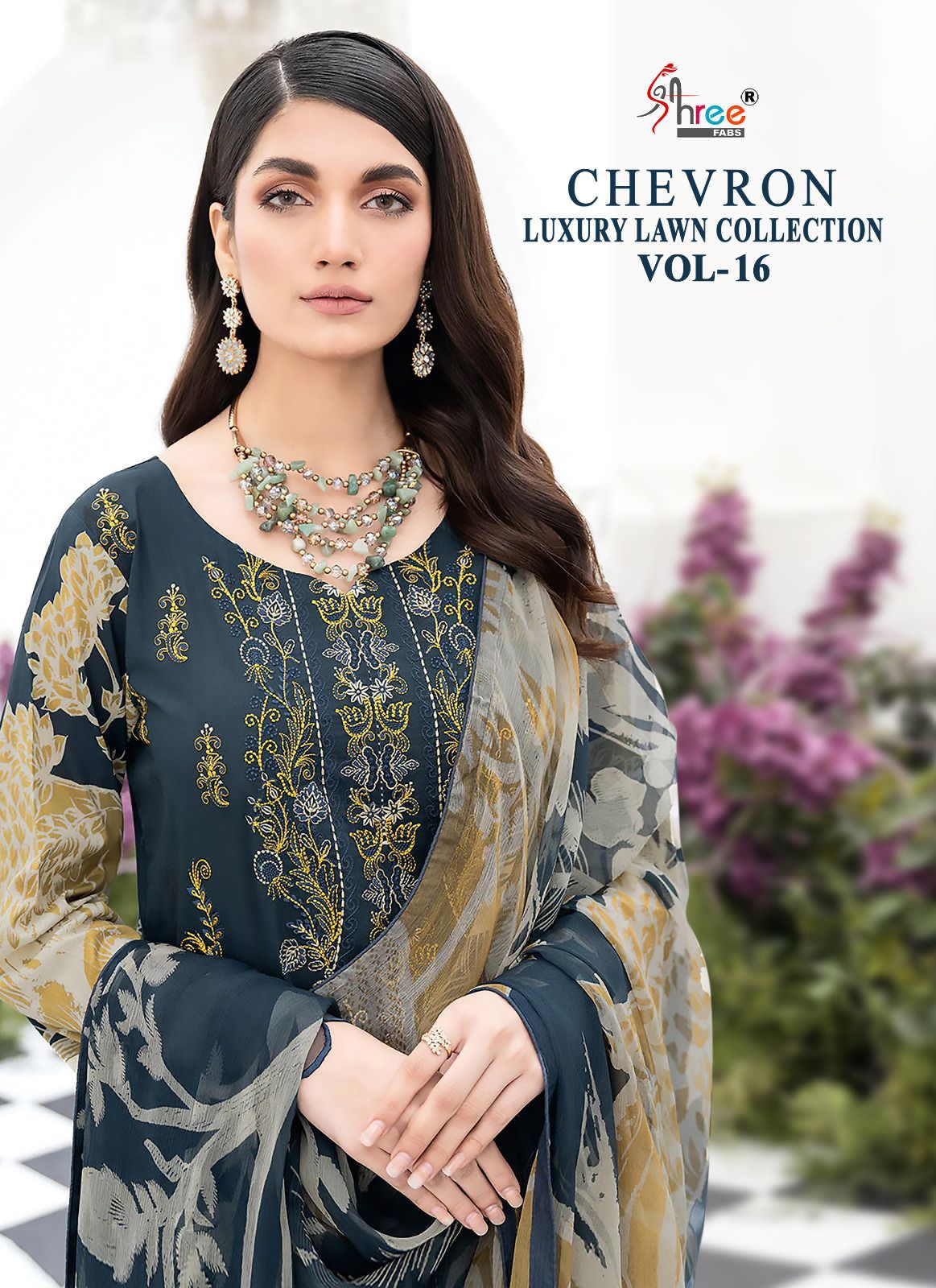 shree fabs chevron luxury lawn collection vol 16 lawn decen embroidery look salwar suit with siffon dupatta catalog