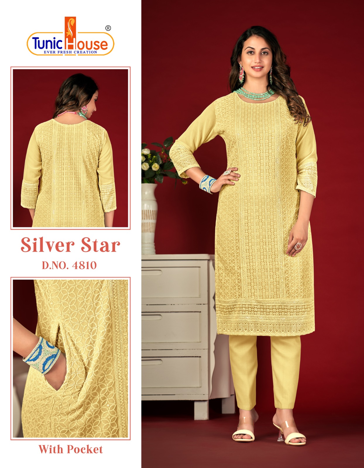 tunic house silver star georgette regal look kurti size set