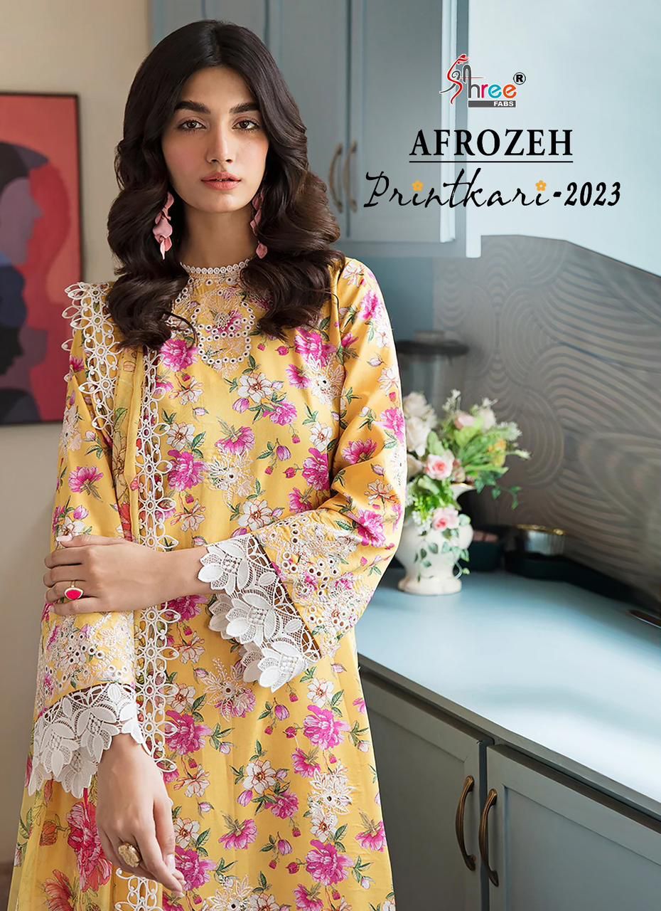 shree fabs afrozeh printkari 2023 lawn decent embroidery look salwar suit with cotton dupatta catalog