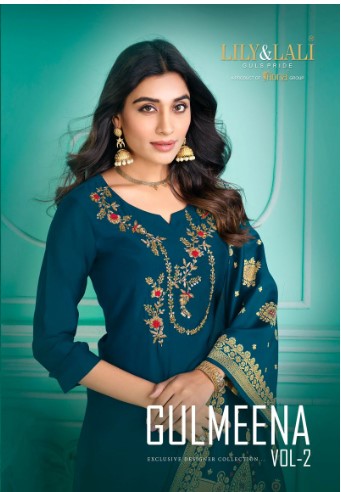 lily and lali gulmeena 2 milan silk attrective look top bottom with dupatta catalog