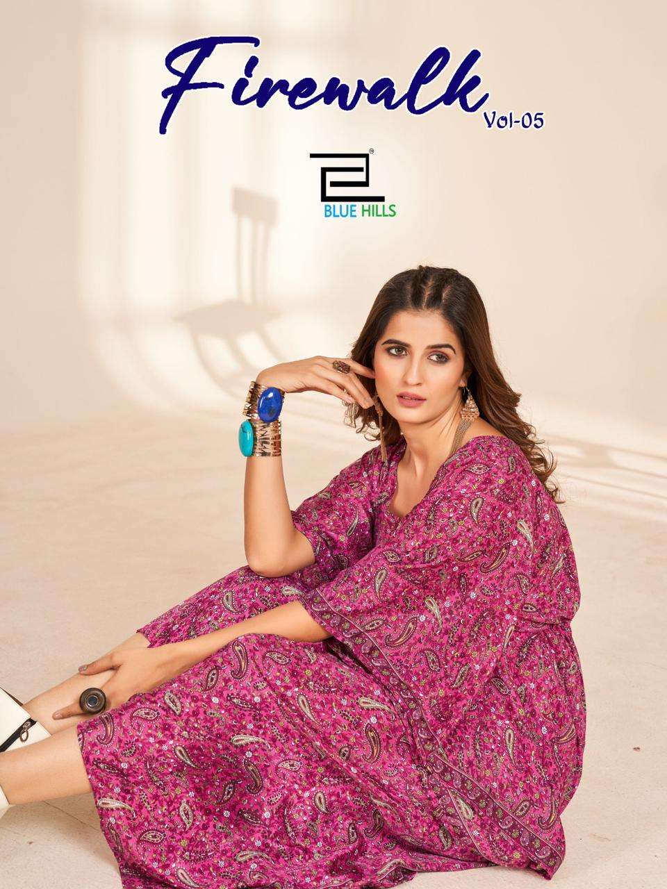 blue hills FIRE WALK vol 5 crape kaftan decent look kurti catalog