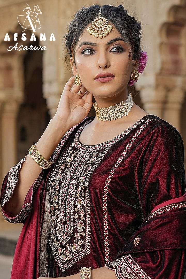 afsana asarwa d no 2055 velvet exclusive embroidery look top bottom with dupatta size set