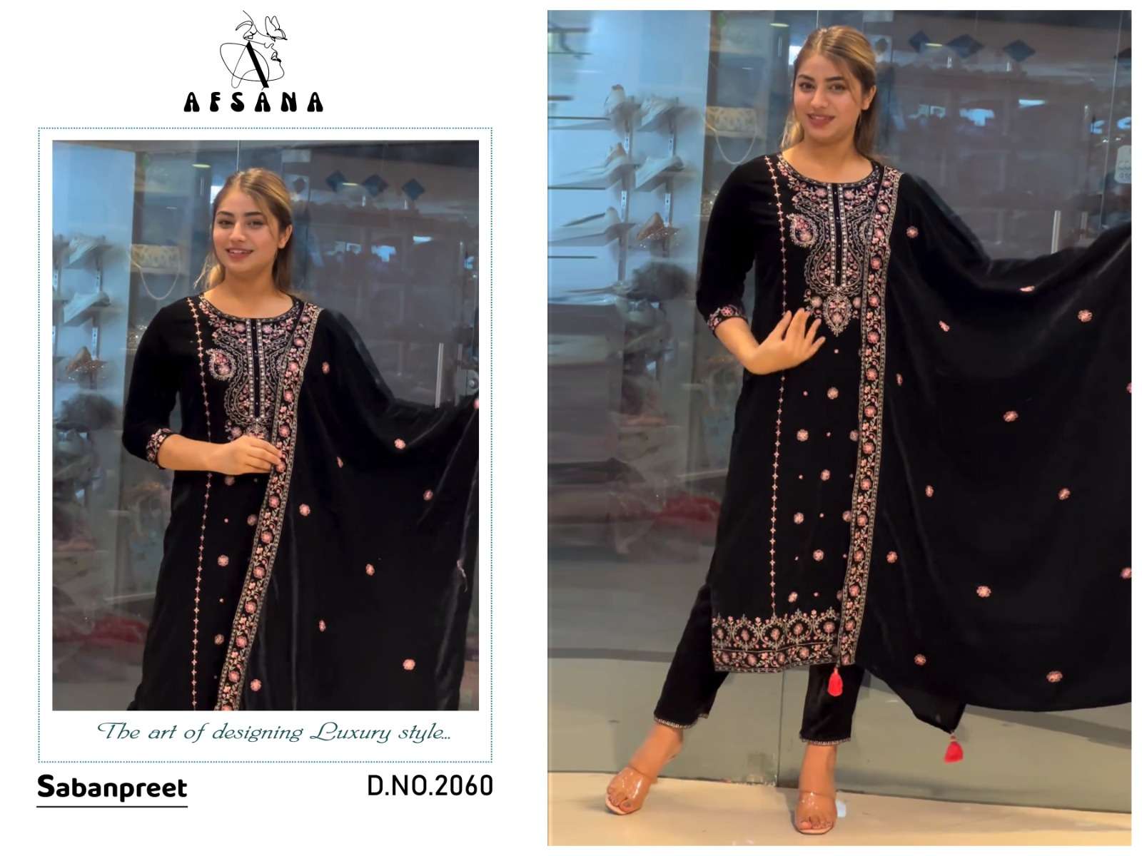 afsana d no 2060 velvet beautiful embroidery look top bottom with dupatta size set