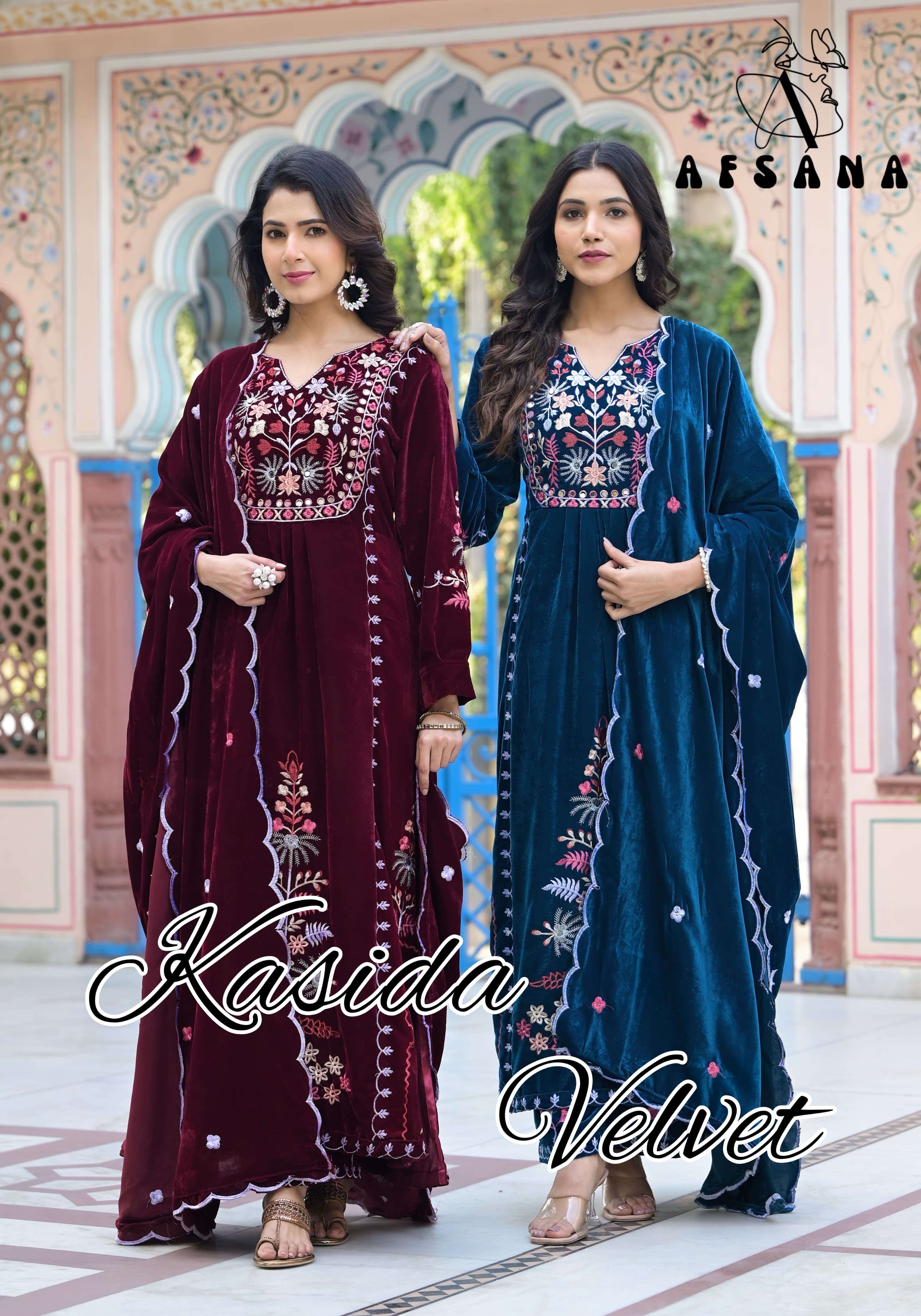 afsana kasida velvet velvet innovative embroidery look top bottom with dupatta size set