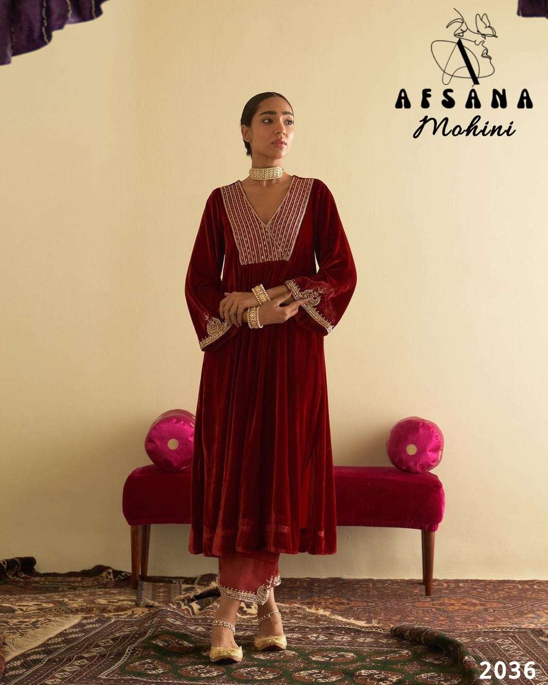 afsana mohini 2037 velvet gorgeus look embroidery look top bottom with dupatta size set