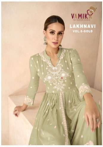 vamika lakhnavi vol 6 gold d no 1031 a to 1031 e  reyon new and modern look top plazo with dupatta catalog