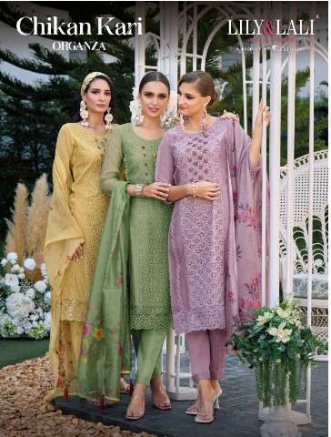 lily and lali Chikankari Organza schiffli viscose exclusive look kurti  pant with dupatta catalog