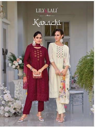 lily and lali karachi orgenza innovative look kurti  pant with dupatta catalog