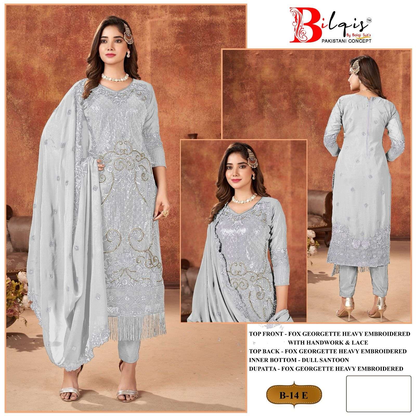 bilqistm d no b 14 e to h  fox georgette elegant salwar suit catlog