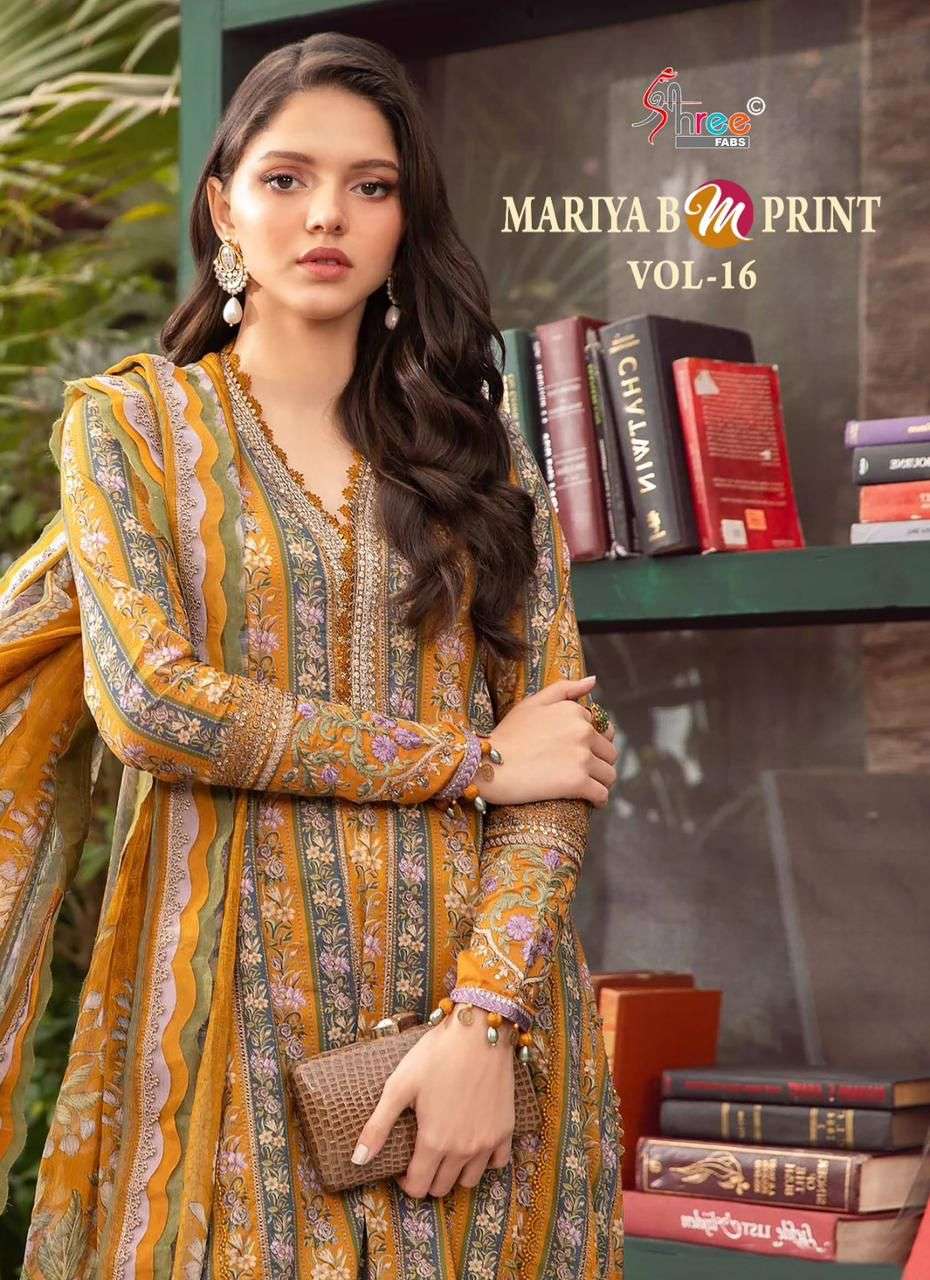 shree fabs  maria b m print vol 16  cotton decent look salwar suit with siffon duaptta catalog