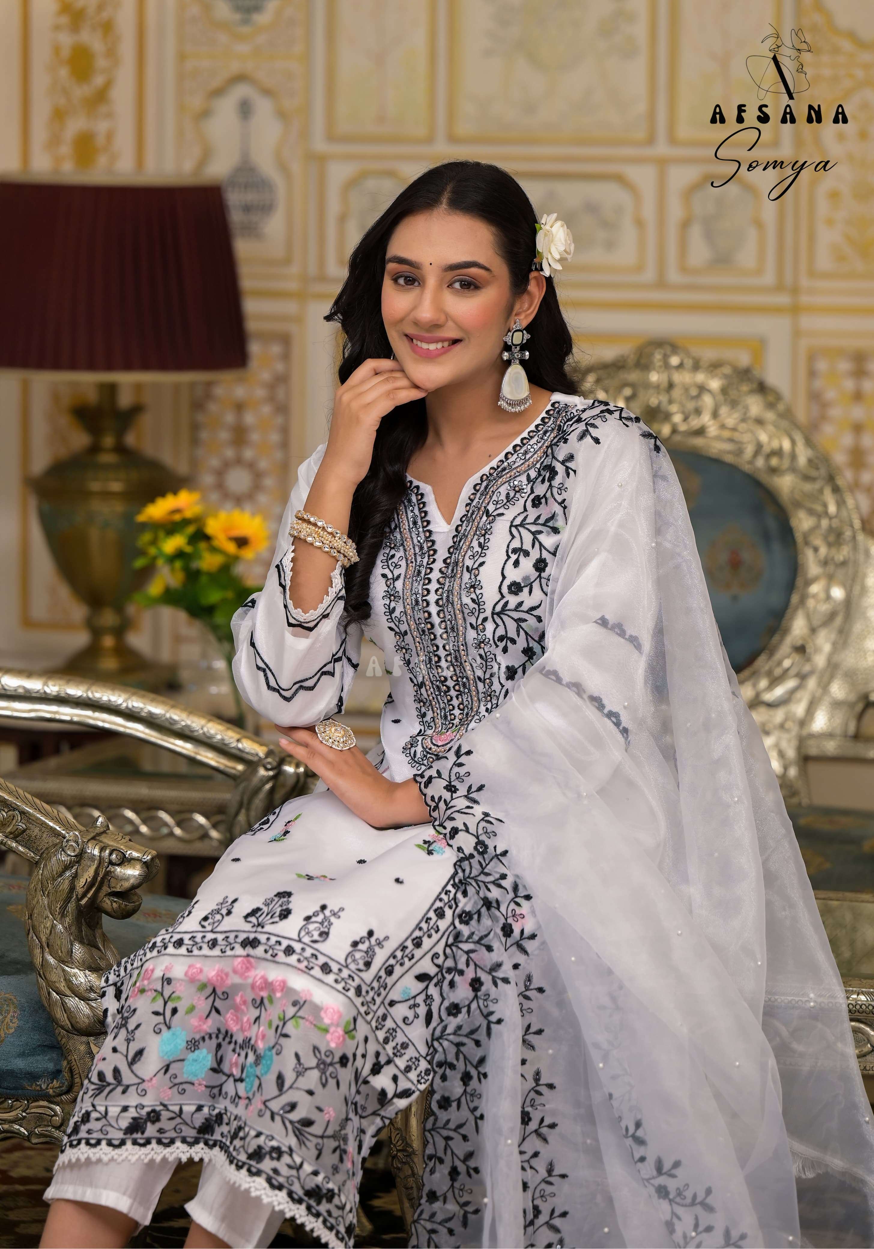 afsana somya black white organza catchy look top bottom with dupatta size set