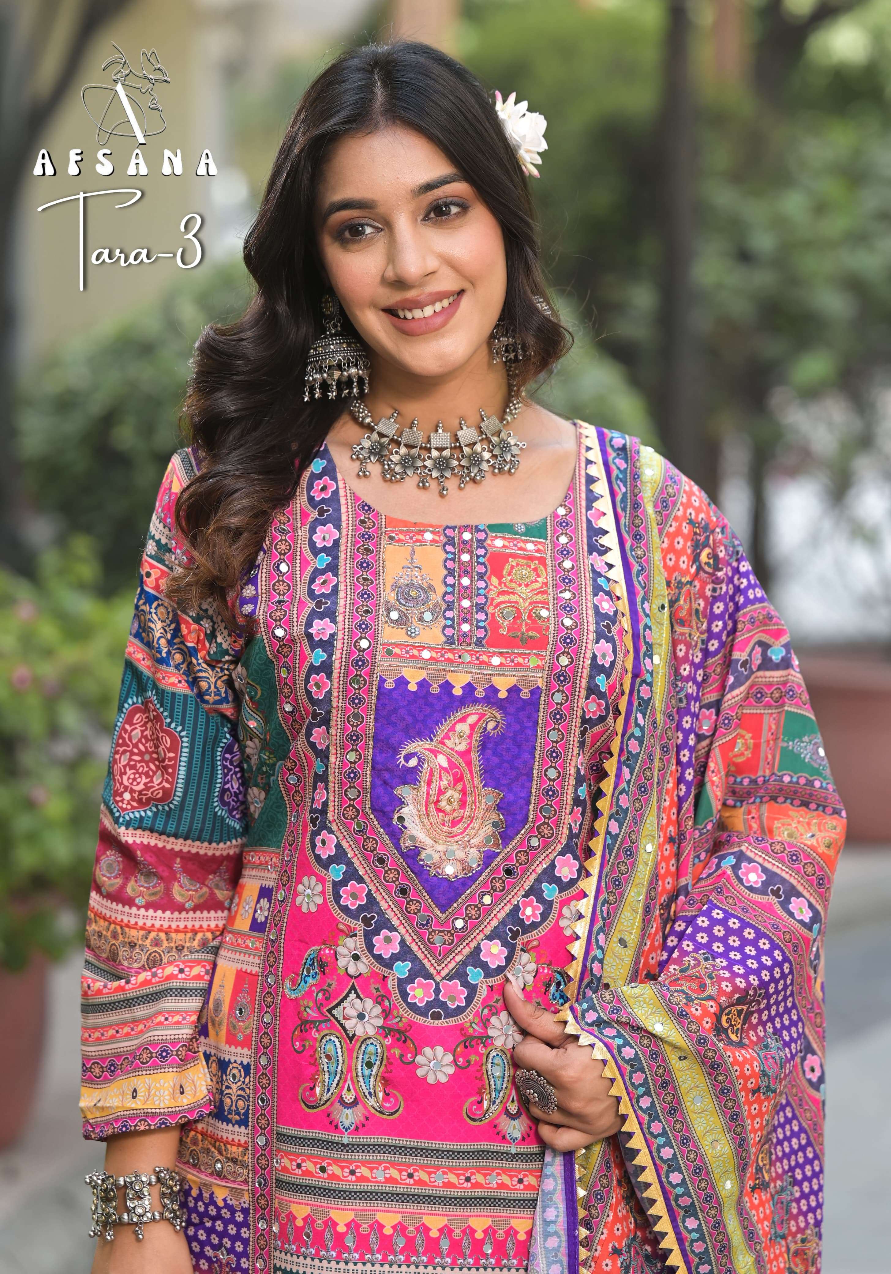 afsana tara 3 muslin festive look top bottom with dupatta size set