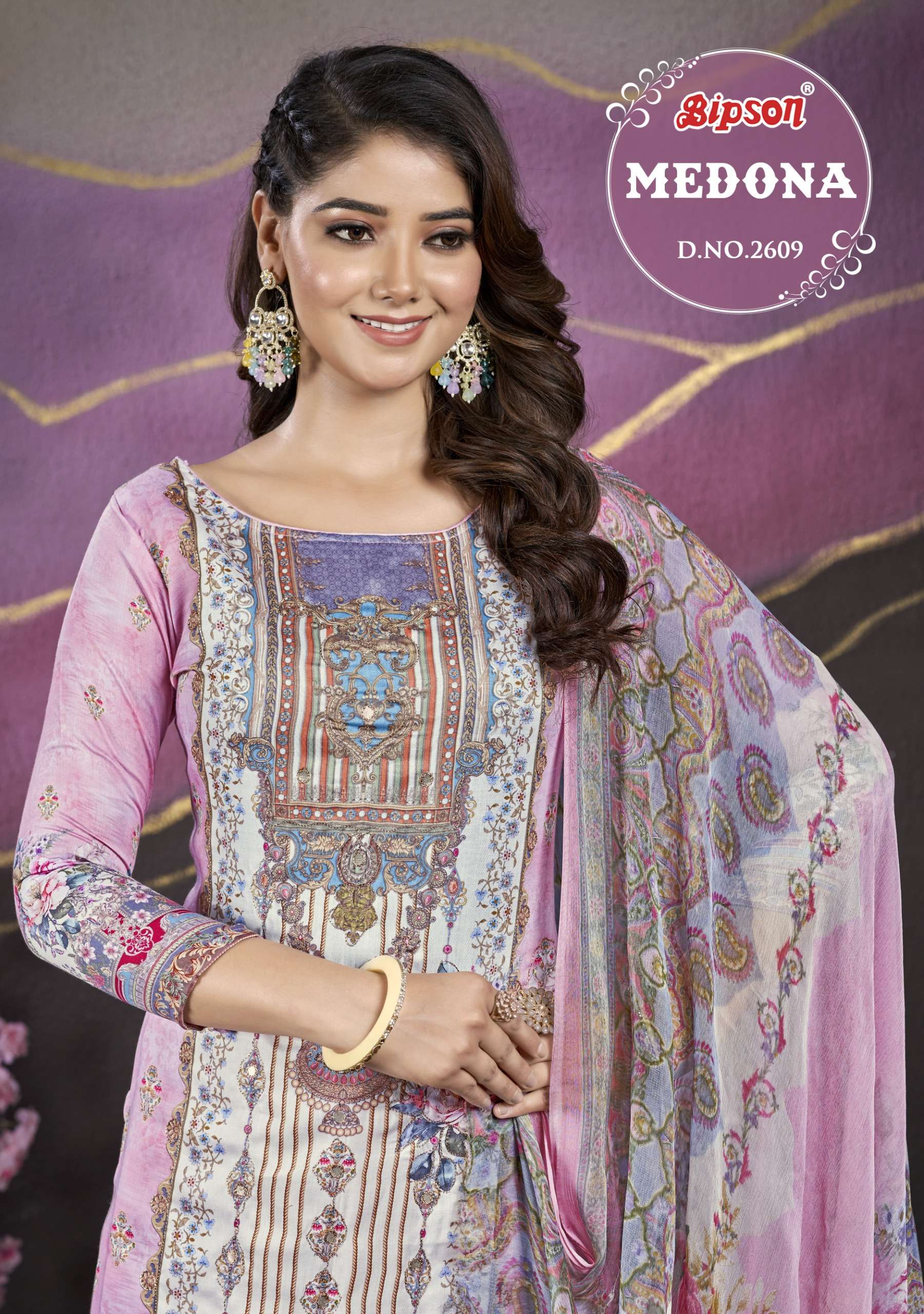 bipson medona 2609 satin ecxlusive print salwar suit catalog