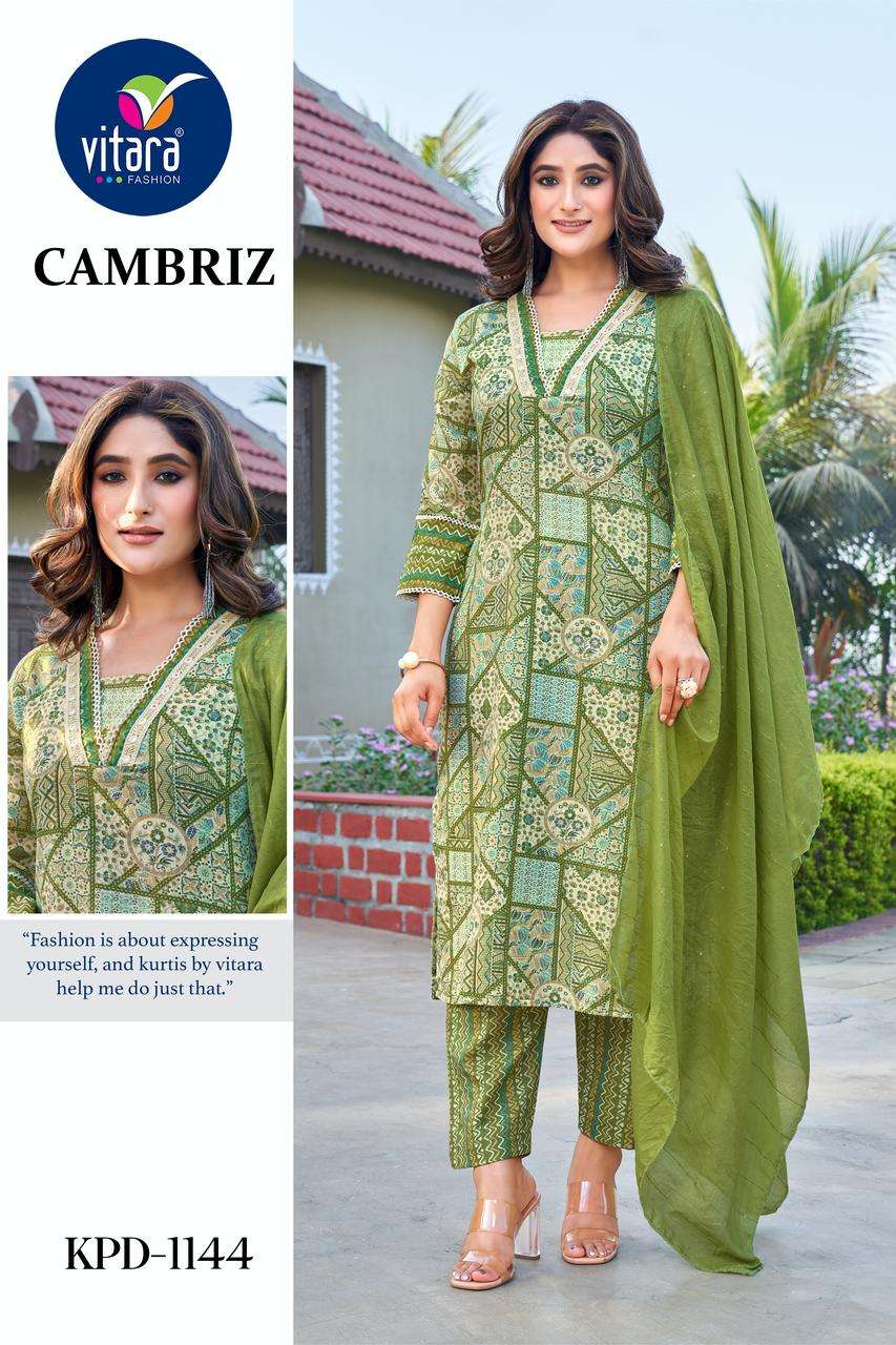 vitara fashion cambriz cotton slub ecxlusive print top bottom with dupatta size set