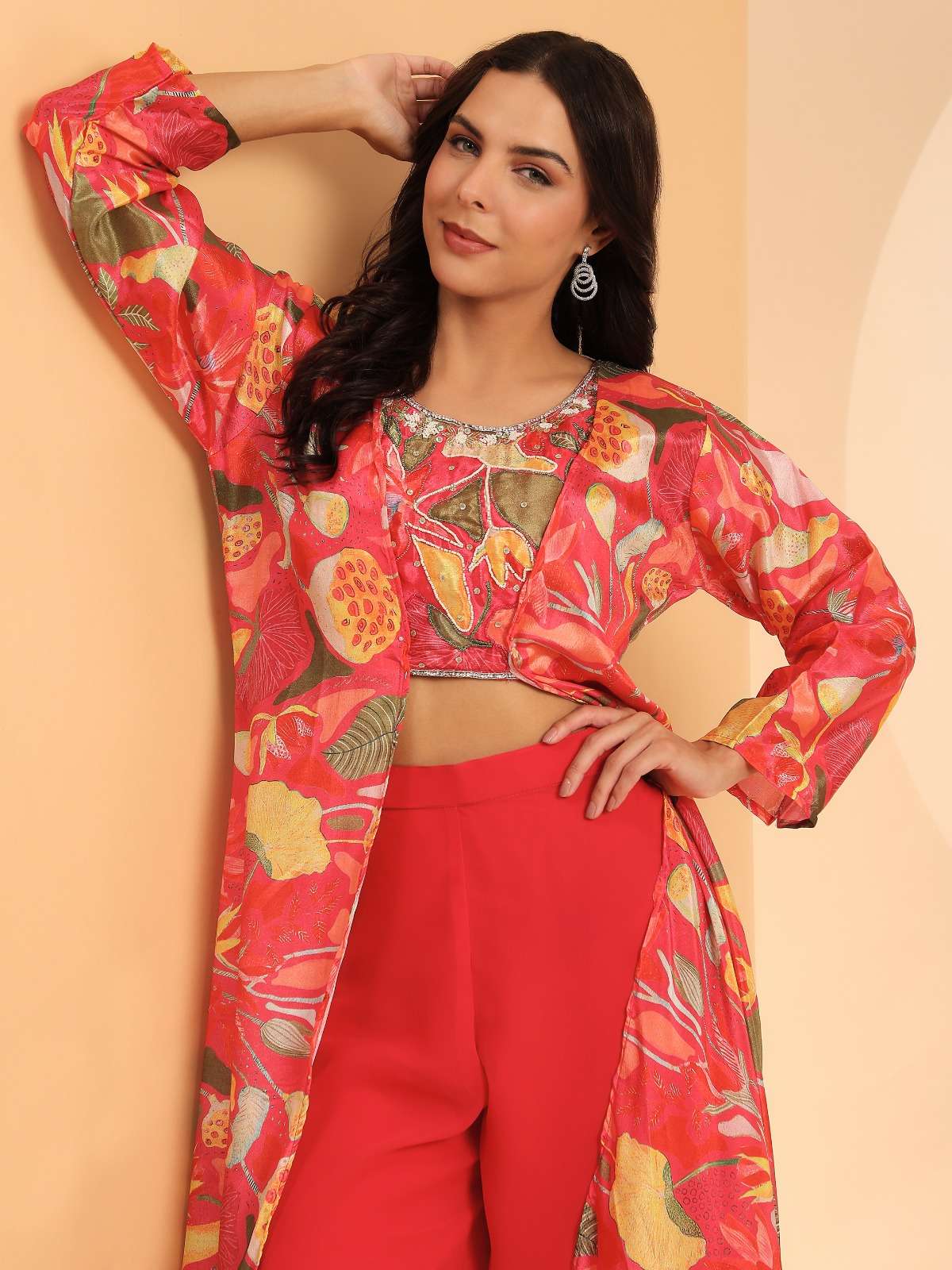 amoha trendz crop top d no c 393 chinnon decent embroidery look crop top single